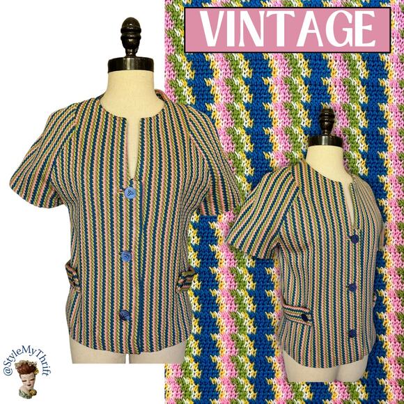 Vintage 50s60s Knit Jacket Midcentury Rockabilly PinUp Jackie O Preppy Easter - Picture 1 of 11